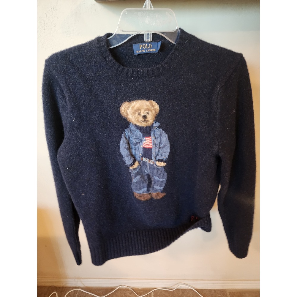Polo Ralph Lauren Polo Bear Navy Knit Sweater Denim Outfit Flag RL Logotipo L - Picture 6 of 11